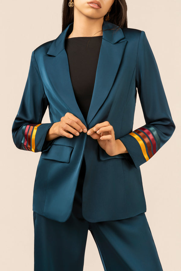 Satin Ribbon Blazer - Teal