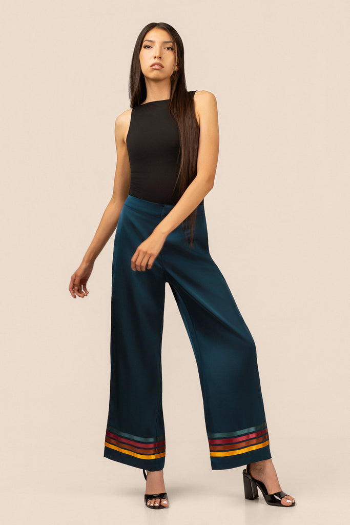 パンツ Highwaist ribbon pants M B.Yellowtail_teal-satin-ribbon