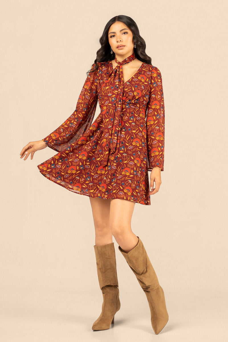 Floral Mini Dress with Bell Sleeves - Burgundy