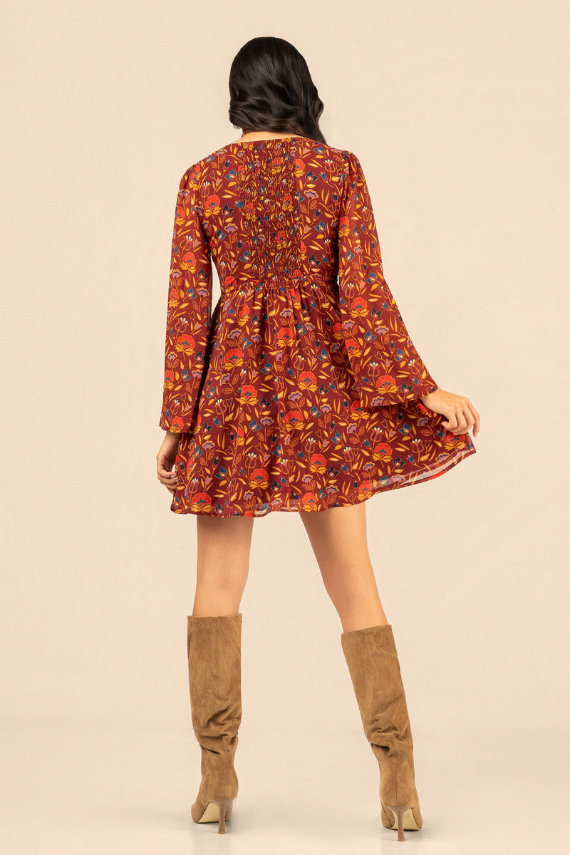 Floral Mini Dress with Bell Sleeves - Burgundy