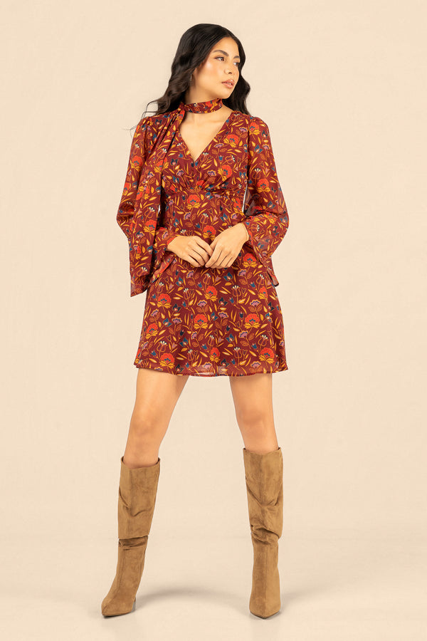 Floral Mini Dress with Bell Sleeves - Burgundy