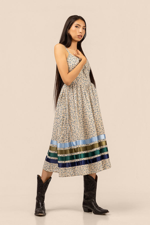 Corset Midi Ribbon Dress - Blue