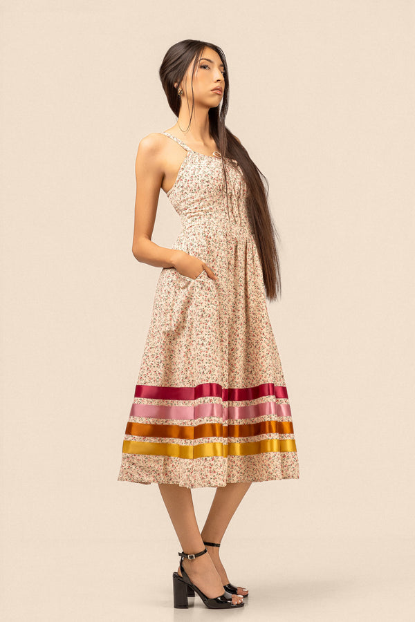 Corset Midi Ribbon Dress - Pink