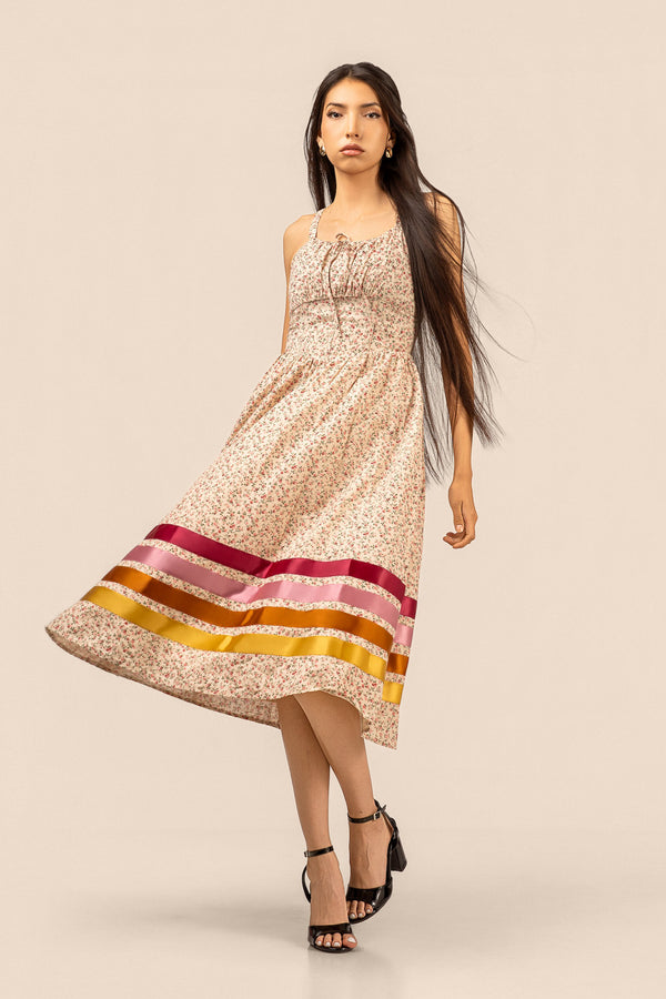 Corset Midi Ribbon Dress - Pink