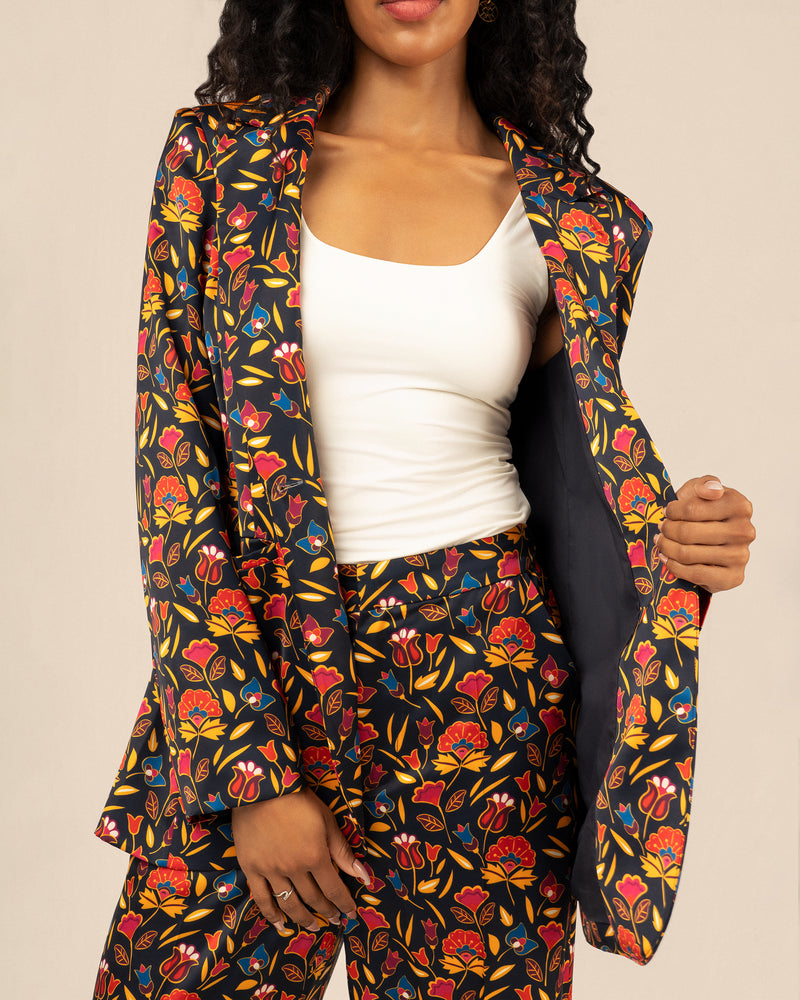 Satin Floral Blazer - Navy