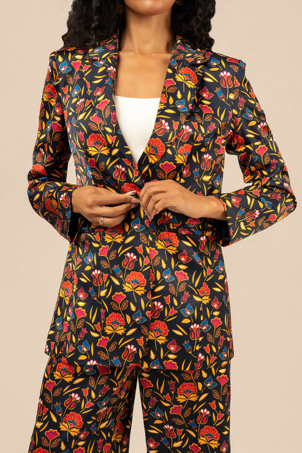 Satin Floral Blazer - Navy