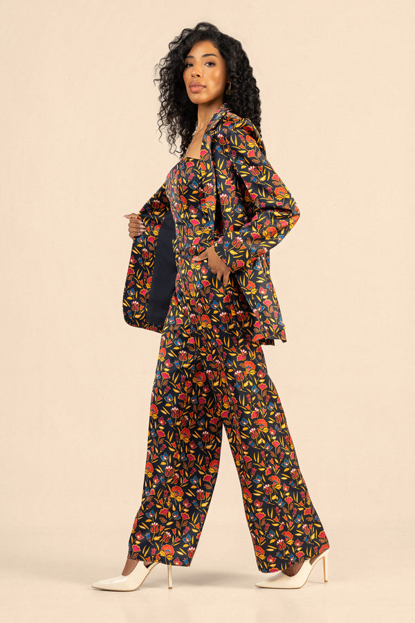 Satin Floral Blazer - Navy