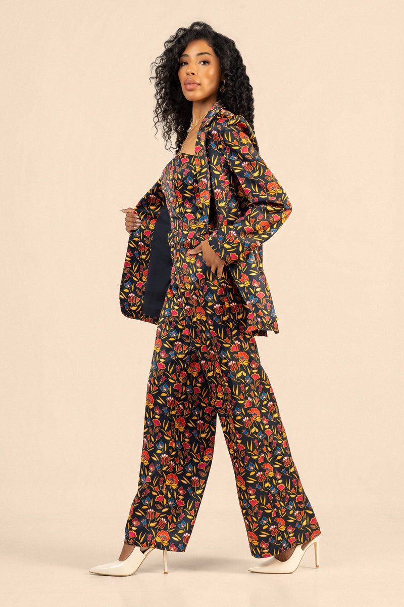 Satin Floral Blazer - Navy