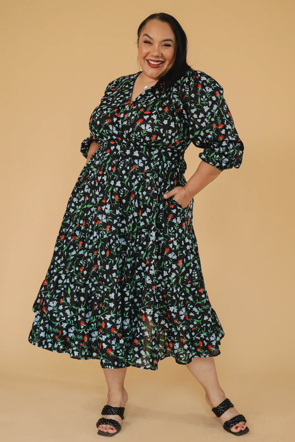 Midi Wrap Ruffle Dress - Mountain Wildflowers - B.YELLOWTAIL